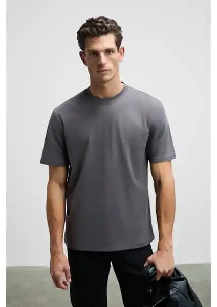 Grimelange Erkek %100 Organik Pamuklu Kalın Dokulu Comfort Fit Bisiklet Yaka T-shirt