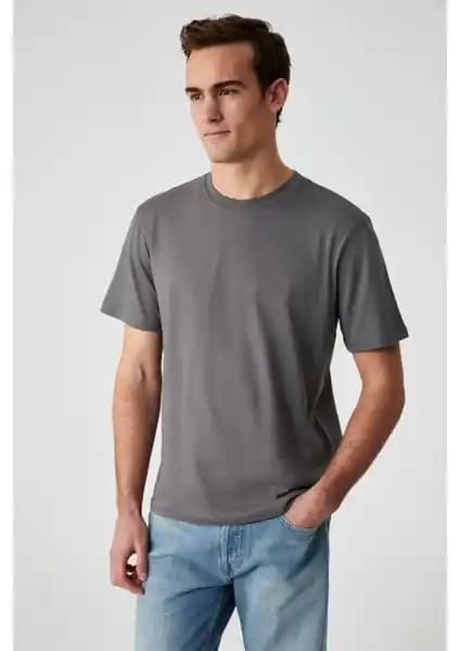 Grimelange Erkek Organik Pamuklu Kalın Dokulu Comfort Fit Bisiklet Yaka T-Shirt