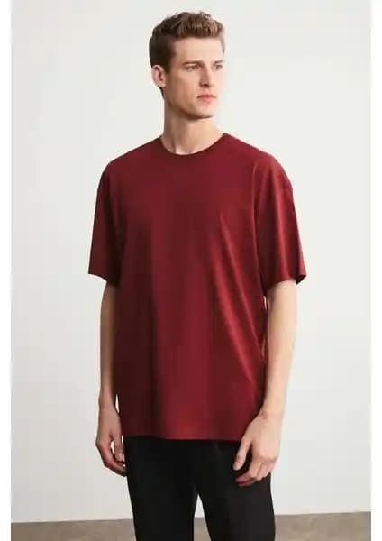 Grimelange Jett Erkek Oversize Bordo T-shirt %100 Organik Pamuk ile Günlük Şıklık ve Rahatlık