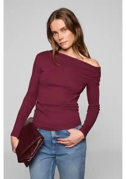 Grimelange SISSI Kadın Organik Pamuklu Asimetrik Yaka Bluz Şık ve Rahat Günlük Giyim İçin