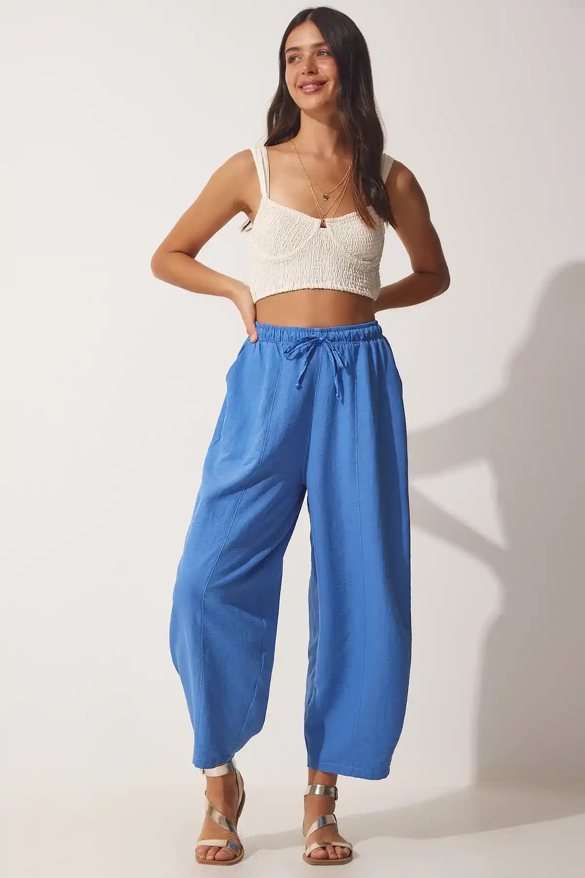 Happiness İstanbul Kadın Mavi Cepli Keten Viskon Şalvar Pantolon Günlük ve Özel Kullanım İçin