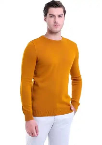 Hatemoğlu Erkek Safran Renkli Bisiklet Yaka Regular Fit Triko Kazak Günlük ve Şık Kullanım İçin