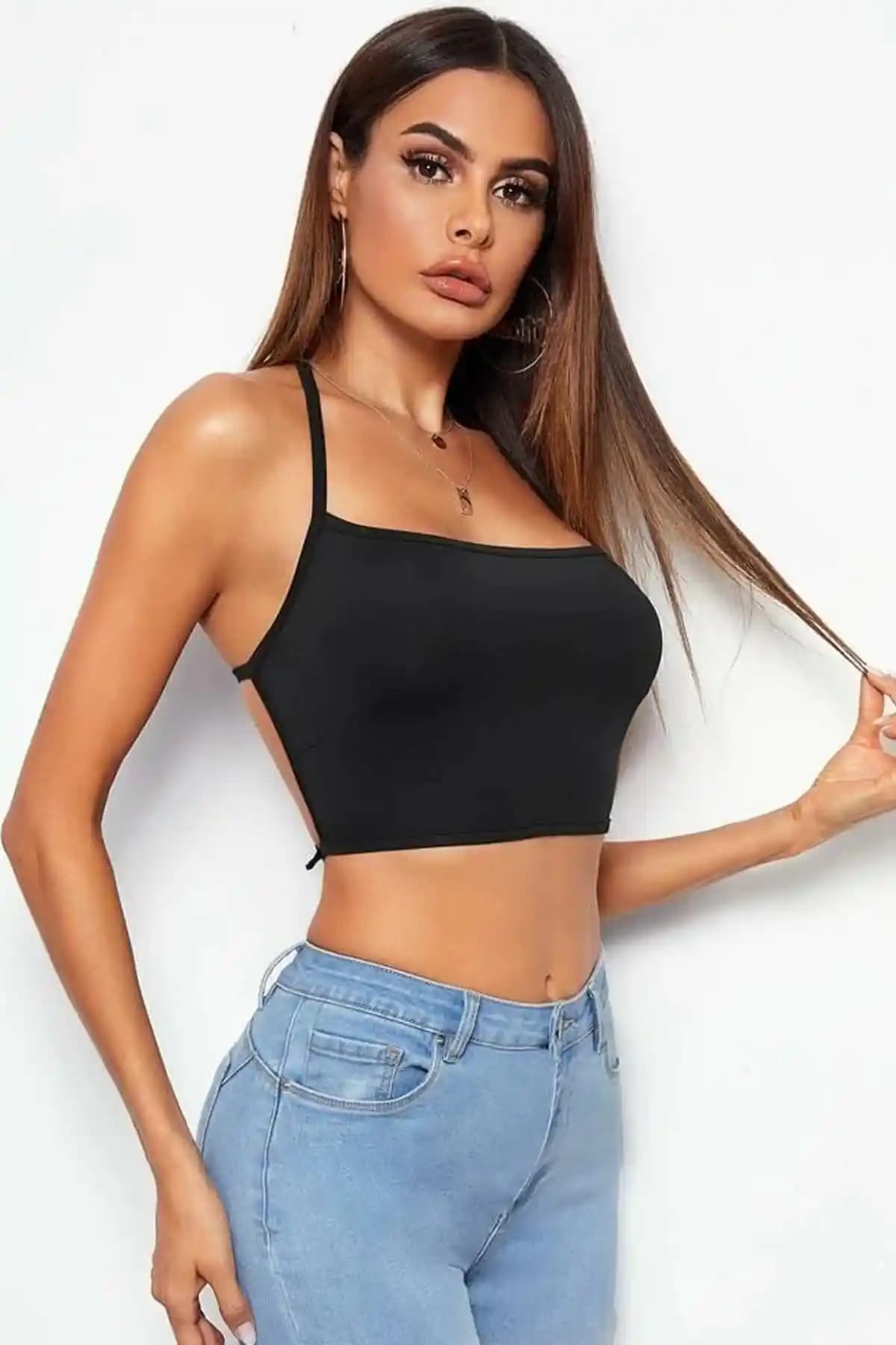 Kadın Siyah Belden Bağlamalı Şık Büstiyer Modern ve Günlük Kullanıma Uygun Tasarım