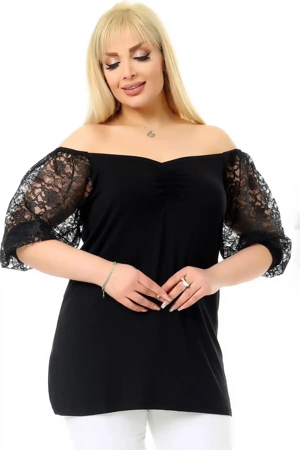 Kheos Madonna V Yaka Güpür Dantel Yarım Kol Bluz Günlük ve Özel Kullanım İçin