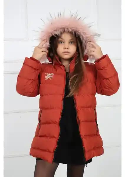 Kız Çocuklar İçin Kış Şıklığını Yansıtan Passion Kiremit Kelebek Desenli Peluşlu Şişme Kaban
