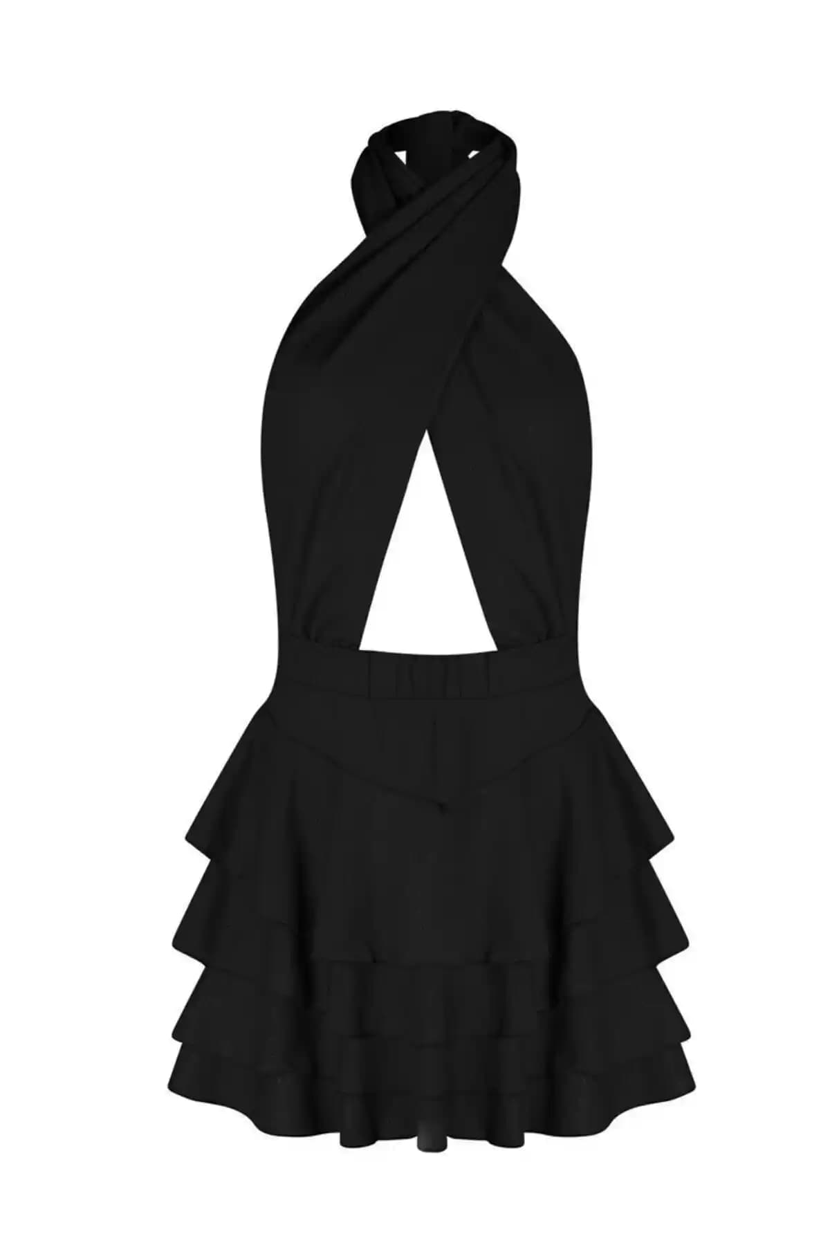 La Sarta MYKONOS Boyundan Bağlı Siyah Şort Elbise Günlük ve Şık Kullanım İçin