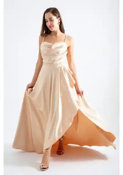 Lafaba Gold Volanlı Yırtmaçlı Saten Abiye ve Mezuniyet Elbisesi Özellikleri