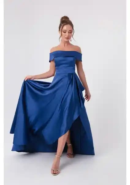 Lafaba Kadın Indigo Kayık Yaka Saten Abiye ve Mezuniyet Elbisesi Detayları