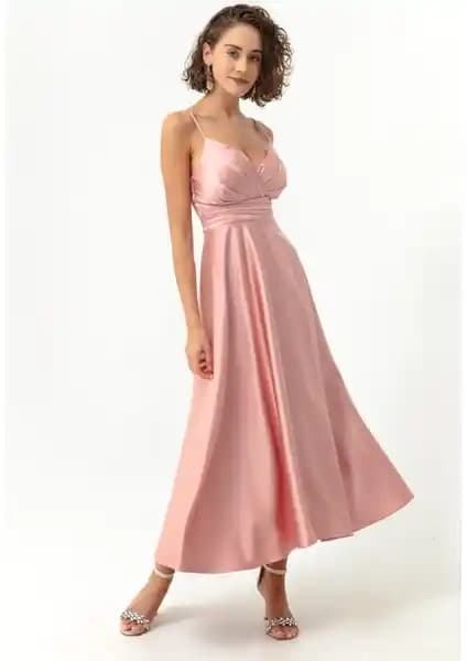Lafaba Kadın Pembe İp Askılı Bel Kemerli Saten Midi Abiye ve Mezuniyet Elbisesi