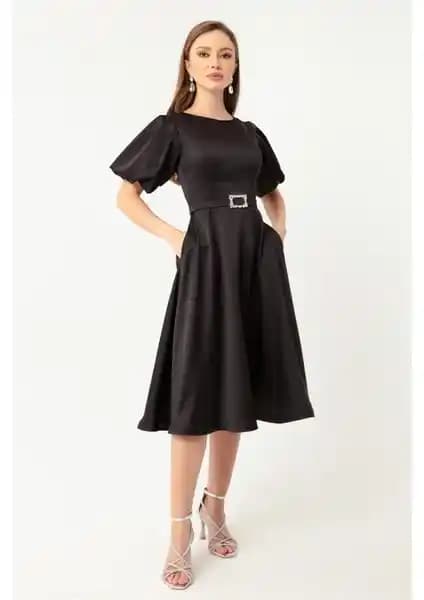 Lafaba Kadın Siyah Balon Kollu Taşlı Kemerli Mini Saten Abiye Elbise Özellikleri ve Kombinasyon İpuçları