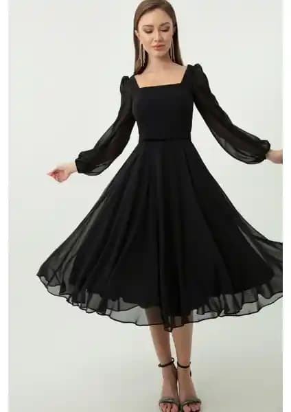 Lafaba Kadın Siyah Kare Yaka Kemerli Midi Şifon Abiye Elbise Detayları ve Kullanım Tavsiyeleri