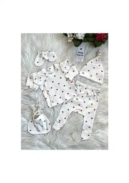 Linda Harris Heart Pattern Ekru 5'li Yenidoğan Kız Bebek Hastane Çıkışı Seti