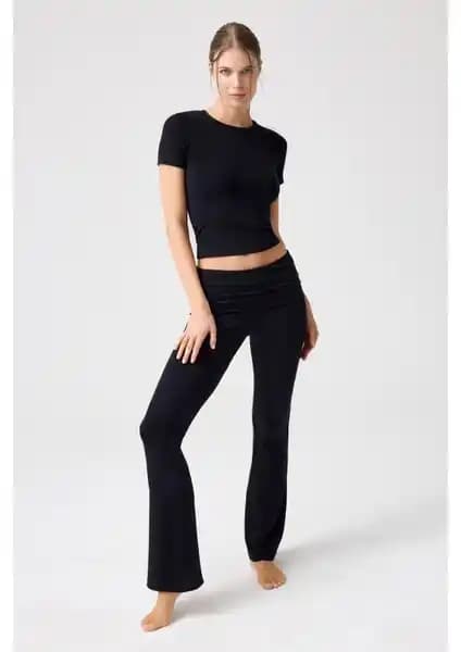 Los Ojos ve Melodi Siyah İspanyol Paça Jarse Pantolon Modern ve Rahat Tasarım