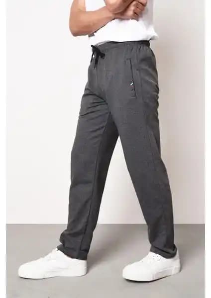 Mmetalic Erkek Antrasit Fermuar Cepli Nakış Detaylı Düz Paça Rahat Kesim Eşofman Altı