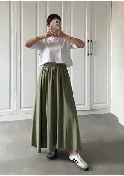 Moda Ulu Çift Cepli Beli Lastikli Uzun Etek: Günlük Şıklık ve Rahatlık Sunar