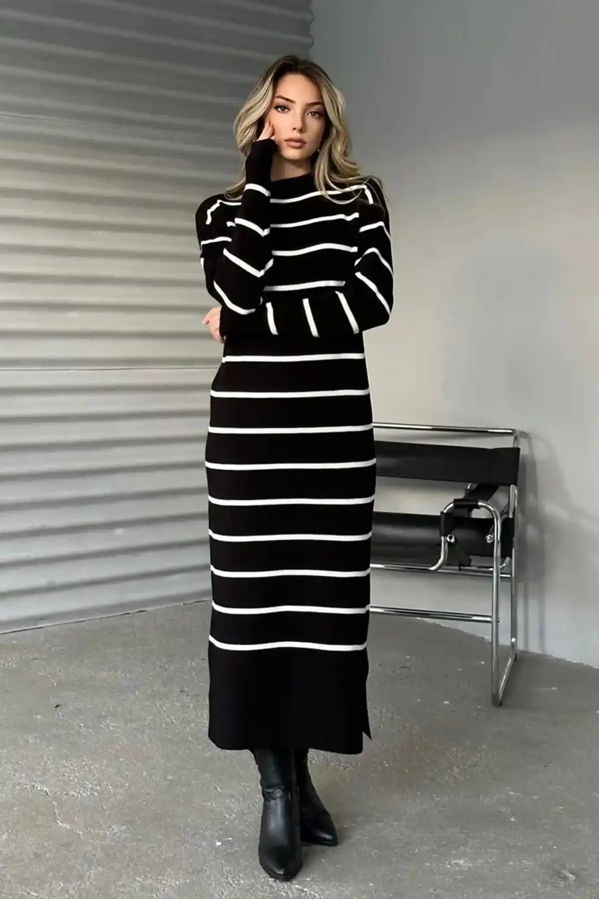 Modabirsen Siyah Çizgili Triko Elbise Günlük ve Şık Kullanım İçin Uygun