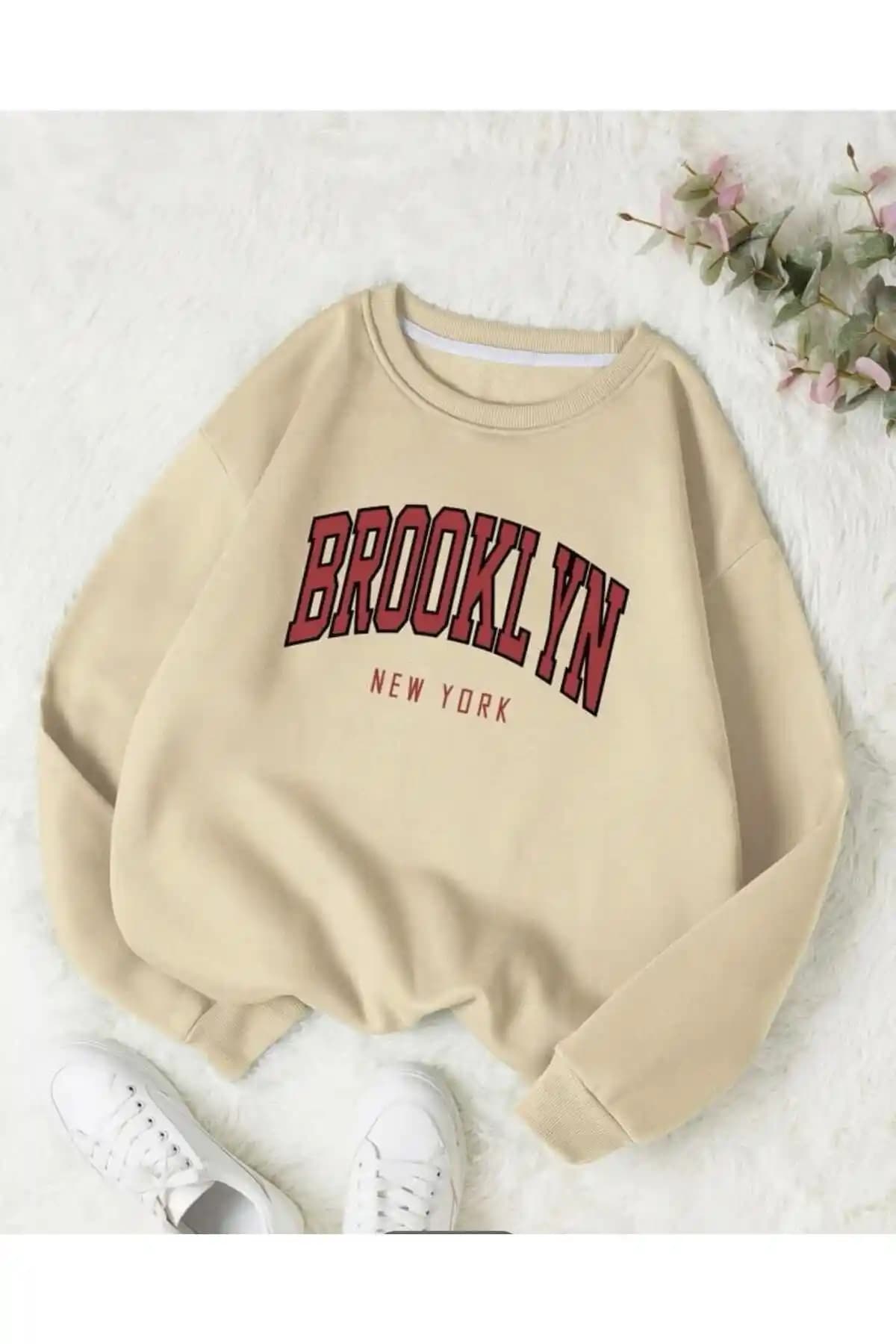 Moonbull Ünisex Bej Bronklyn Baskılı Oversize Sweatshirt Günlük Rahat ve Şık Tasarım