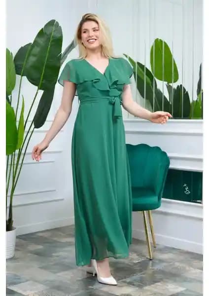 Neşeli Butik Kadın Yeşil Kruvaze Yaka Bağlama Detaylı Uzun Şifon Elbise Özellikleri ve Kullanım Alanları