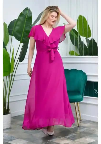 Neşeli Butik Mürdüm Kruvaze Yaka Uzun Şifon Elbise Kadınlar İçin Şık ve Modern Tasarım