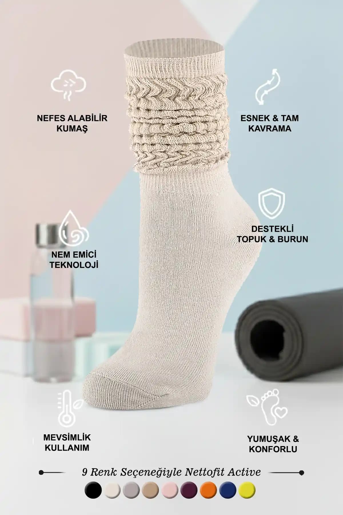 Nettofit Kadın Mevsimlik Açık Bej Yoga Fitness Spor Çorabı Günlük ve Spor Kullanımı İçin