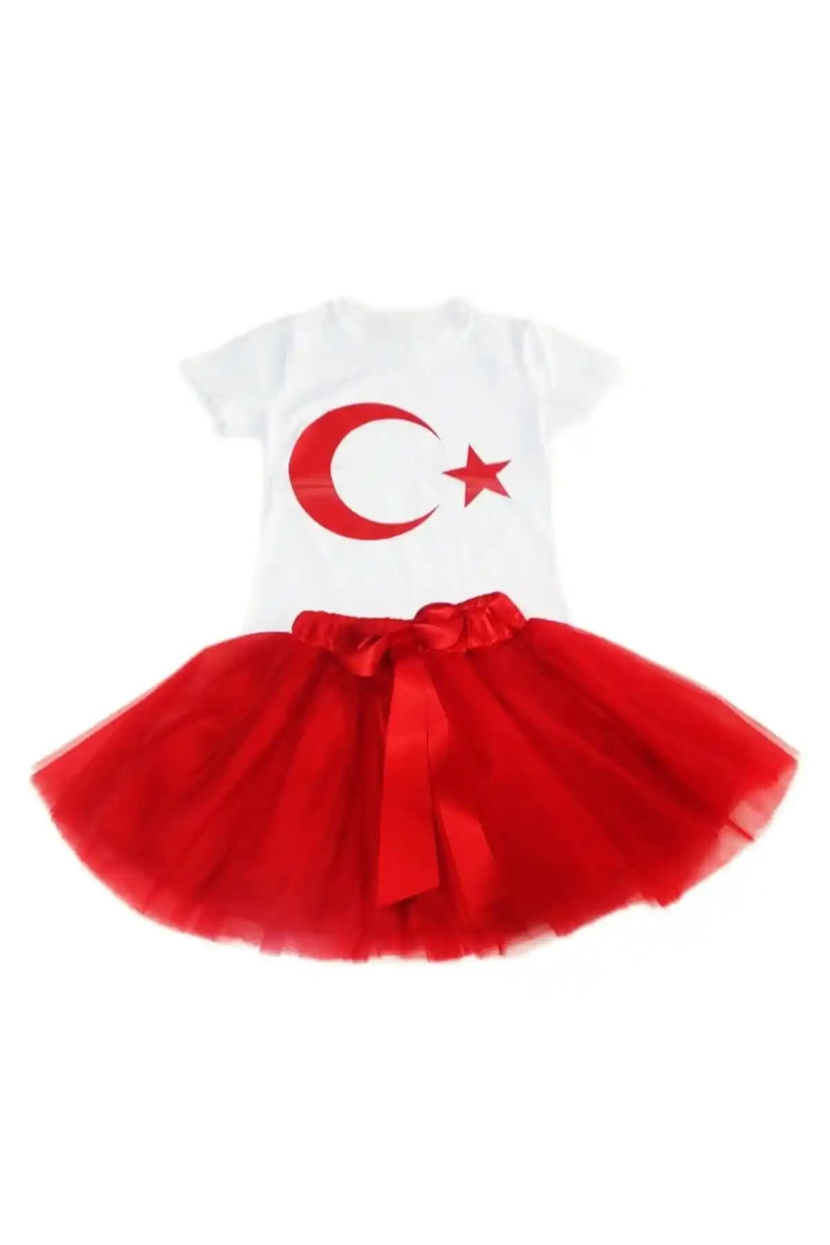 Nisu Tasarım Beyaz Türk Bayrağı Tişört ve Kırmızı Astarlı Tül Etek Takımı