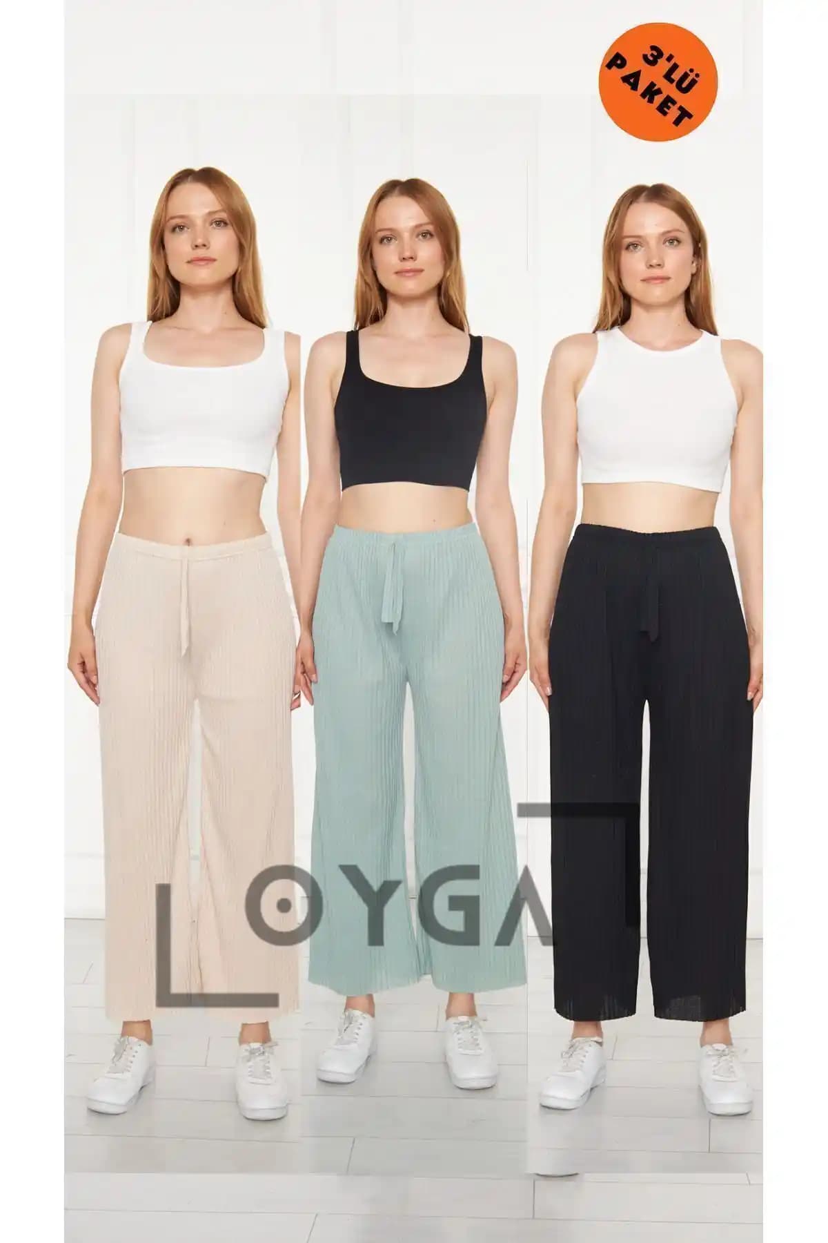 Oyga Kadın 3'lü Fitilli Bol Paça Pijama Altı Günlük Rahat ve Şık Tasarım