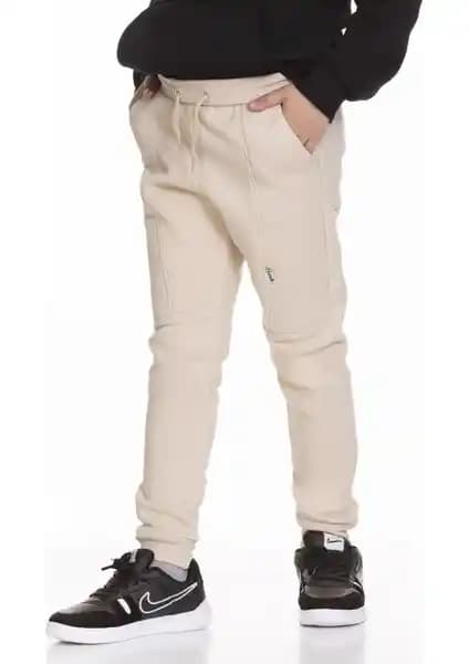 Perendi Kalın Jogger Cepli Unisex Çocuk Eşofman Altı Bej Kış İçin Konfor ve Şıklık