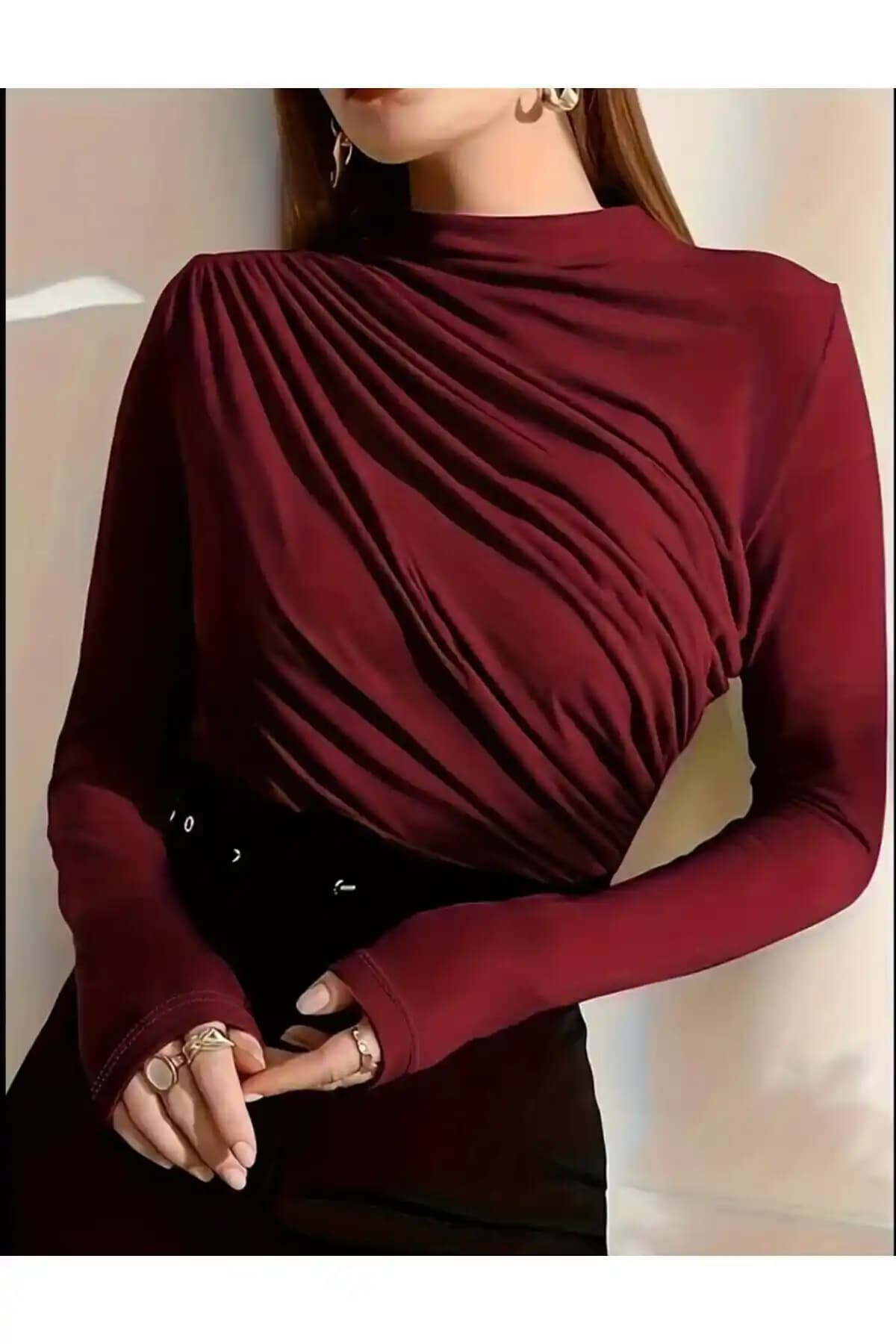 Peri Tower Kadın Bordo Büzgü Detaylı Dik Yaka Sandy Bluz Şık ve Rahat Günlük Kullanım İçin