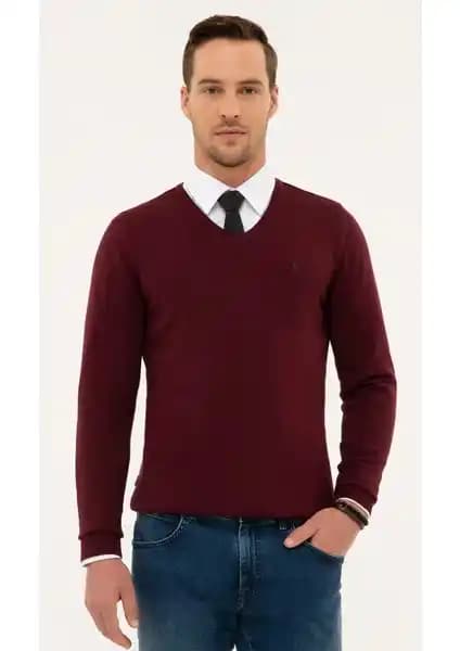 Pierre Cardin Erkek Bordo Slim Fit V Yaka Basic Triko Kazak Günlük ve Şık Kullanım İçin