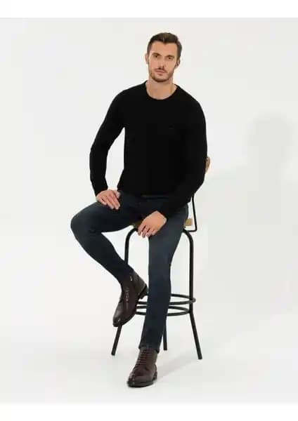 Pierre Cardin Erkek Siyah Slim Fit Bisiklet Yaka Basic Triko Kazak Günlük Şıklık ve Konfor İçin