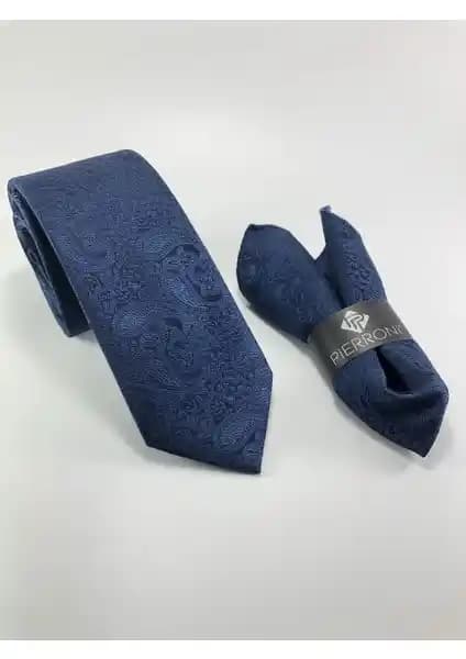 Pierroni Lacivert Şal Desen Mendilli Kravat Erkekler İçin Şıklığın Modern Simgesi