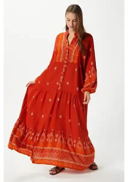 Ritnice Andrea Turuncu Viskon Maksi Elbise Yazlık Şıklık ve Konfor Sunar