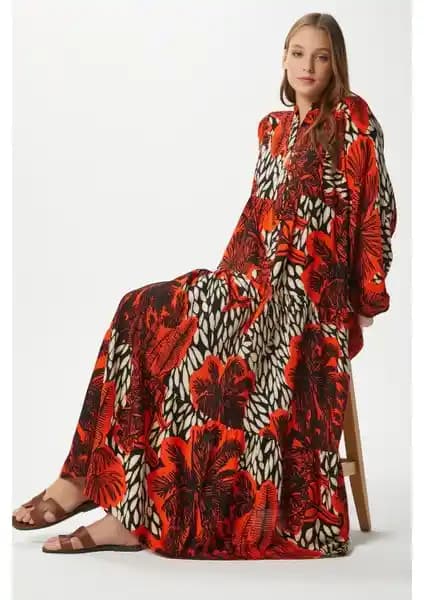 Ritnice Modest Alessi %100 Viskon Turuncu Maksi Elbise Şıklık ve Konforun Buluşması