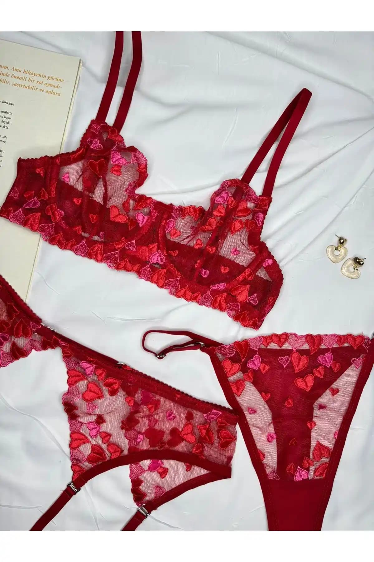 ROZENİN LINGERIE Kırmızı Kalpli 3'lü Sütyen Takımı Şık ve Rahat Günlük Kullanım İçin
