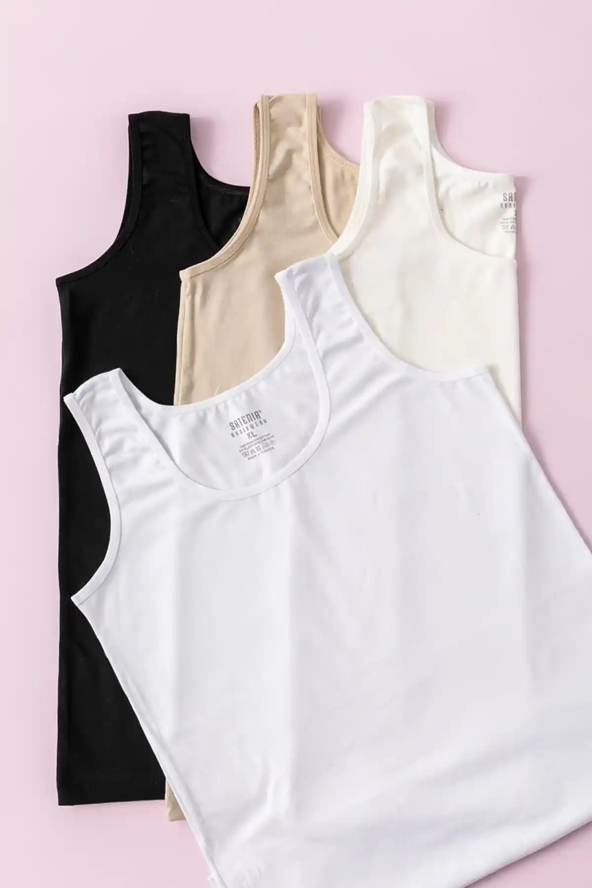SATENIA LINGERIE Kadın 4'lü Atlet Seti Siyah Beyaz Ten Ekru Geniş Askılı Ribana