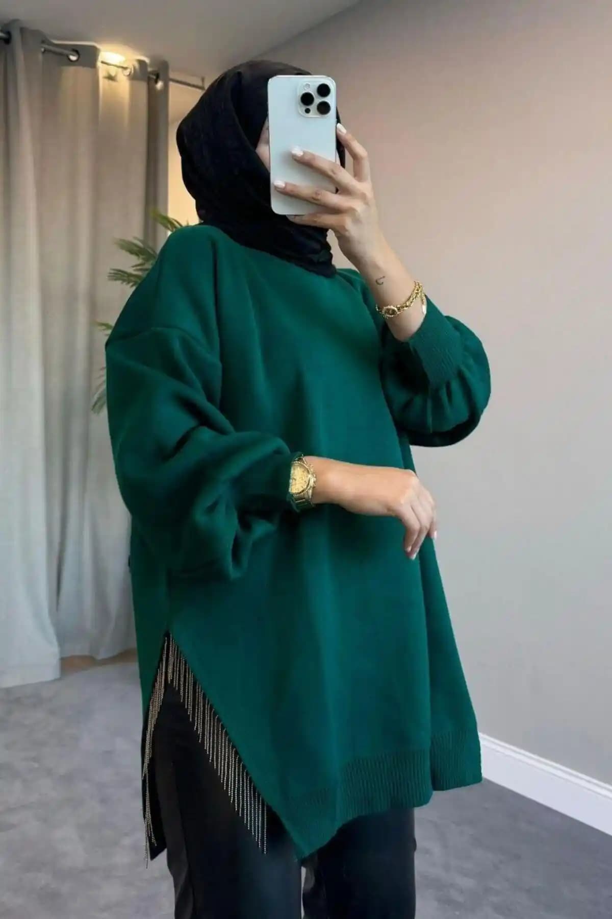 Şule Giyim Yarı Zincirli Triko Kazak Haki Renkli ve Modern Tasarım Günlük Kullanım İçin