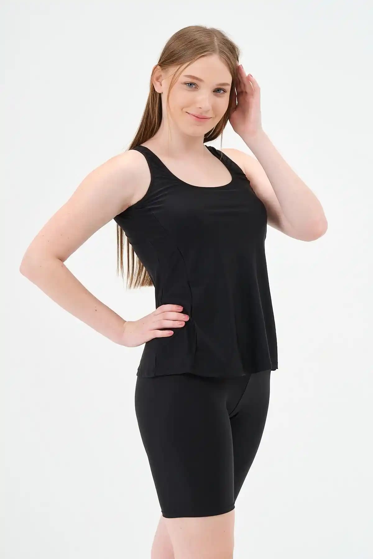 Vawensea Kadın Likralı Düz Renk Tankini Mayo Siyah Geniş Beden Seçenekleriyle