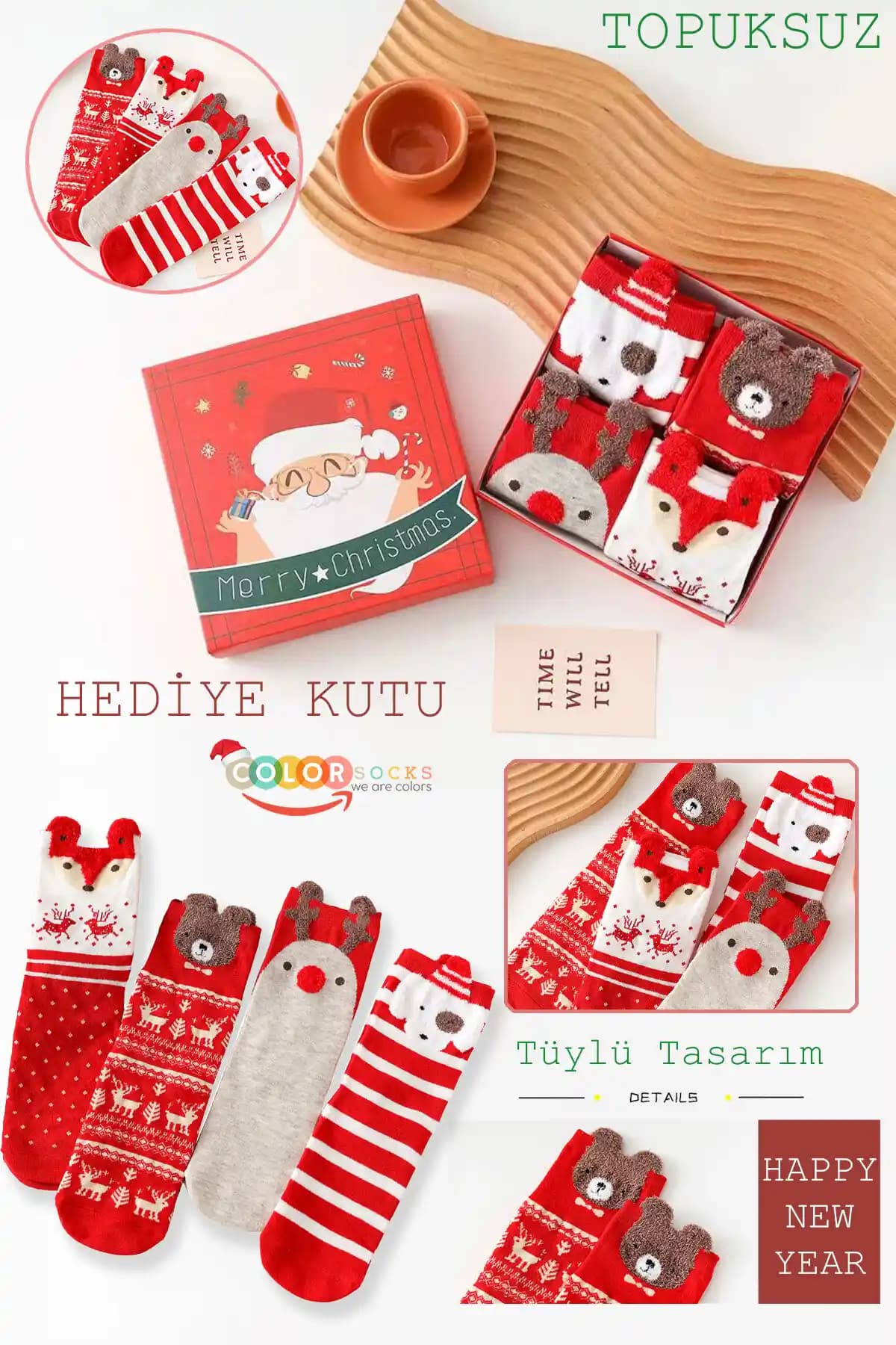 Yılbaşı Temalı Çok Renkli Tüylü Çorap Seti 4 Çift Sürdürülebilir ve Rahat Kullanım