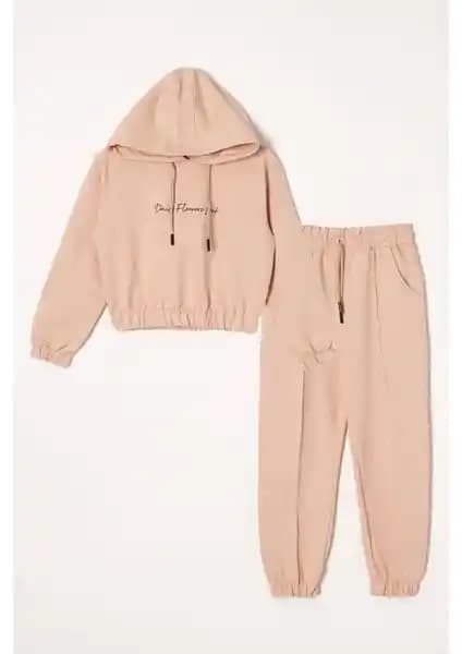 Zepkids Kapüşonlu Uzun Kol Dağısı Flowers Leaf Baskılı Vizon Renk Kız Çocuk Takımı