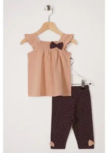 Zepkids Kız Çocuk Bej Kahve Renkli Puantiyeli Taytlı Takım Günlük Kullanım İçin Uygun
