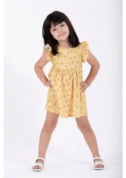 Zepkids Kız Çocuk Sarı Puanlı Fırfırlı Kolsuz Elbise Günlük ve Yazlık Kullanım İçin