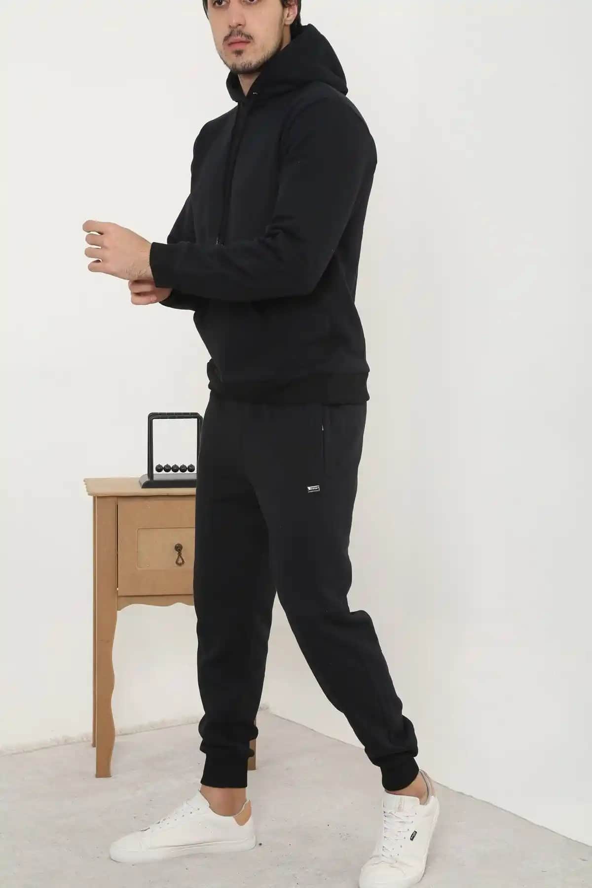 3MODA Erkek Siyah Kalın Kumaş Kapüşonlu Eşofman Takımı Günlük ve Spor Kullanımına Uygun