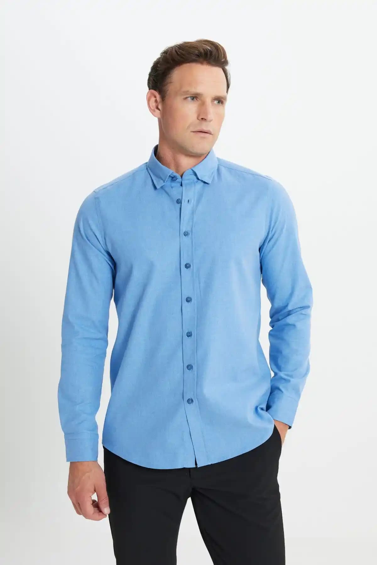 Altınyılz Classics Erkek Mavi Flanel Oxford Gömlek Kışa Şıklık ve Konfor Sunar