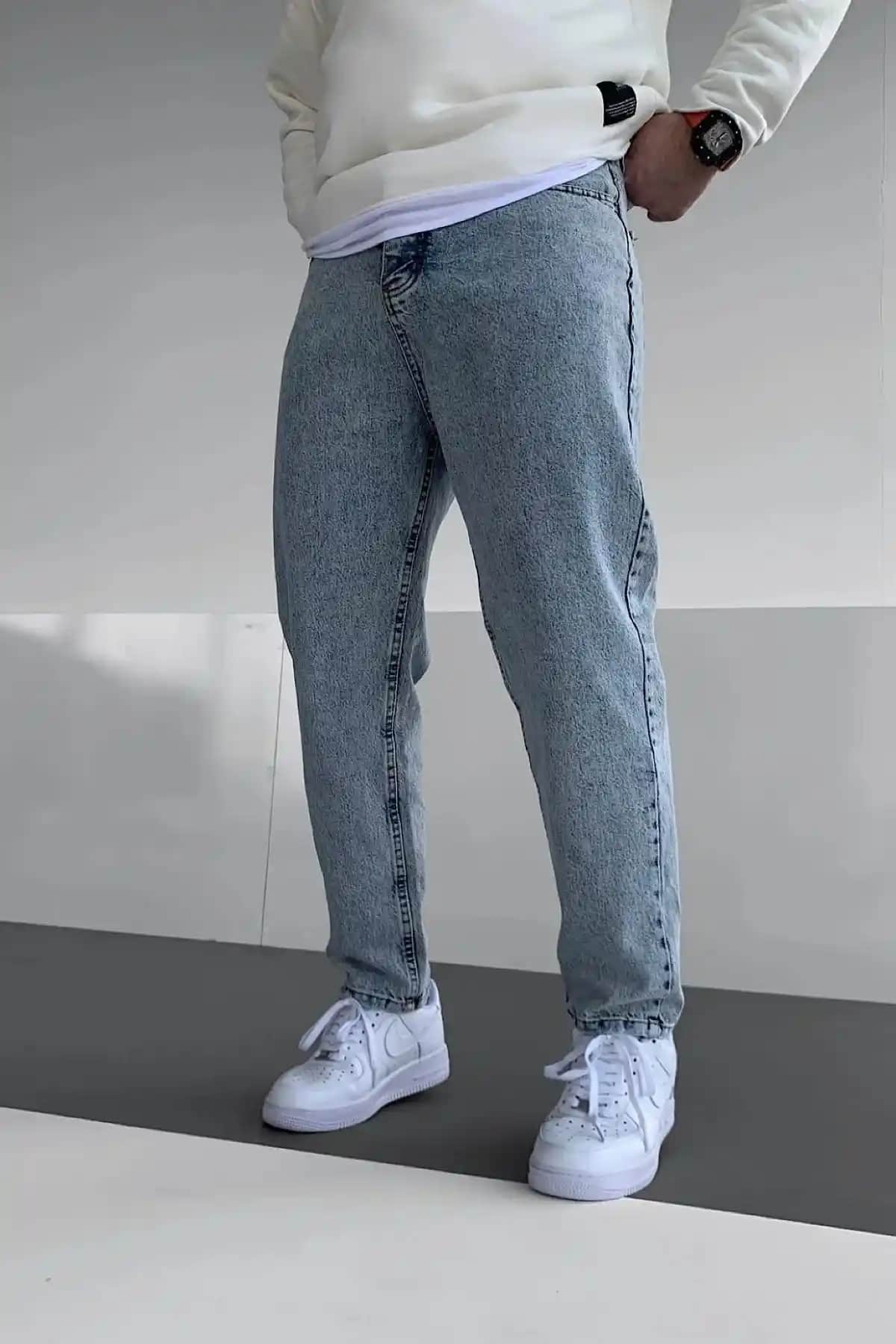 Cuqq Denim Erkek Asit Yıkama Yıpratmalı Açık Mavi Kot Pantolon Modaya Uygun ve Dayanıklı Tasarım