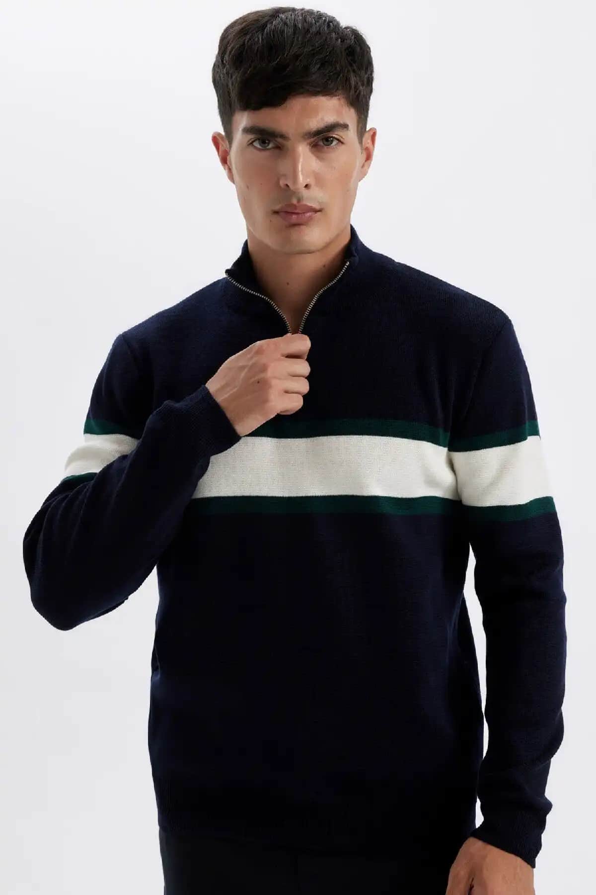 Defacto Lacivert Standart Fit Dik Yaka Fermuarlı Çizgili Triko Kazak Y4213AZ24WN