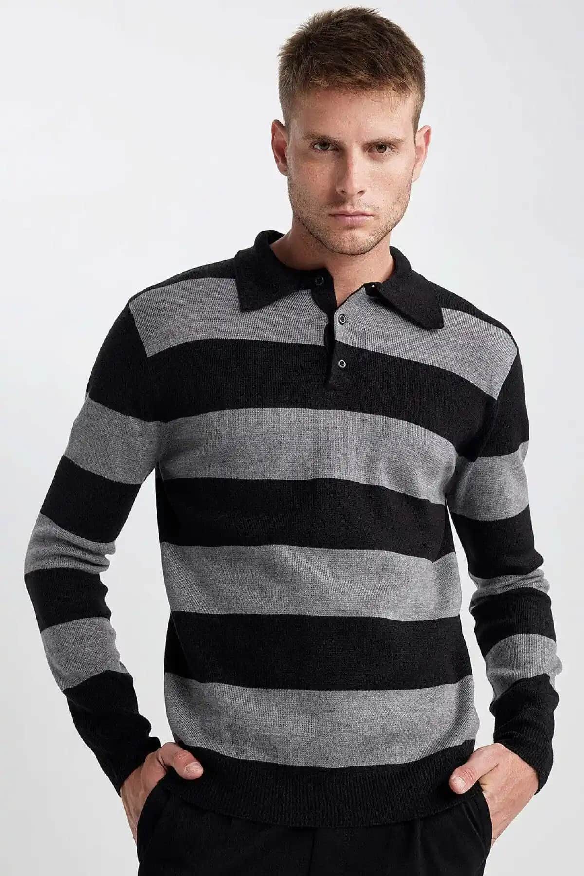 Defacto Standart Fit Çizgili Polo Yaka Triko Kazak Günlük ve Şık Kullanım İçin