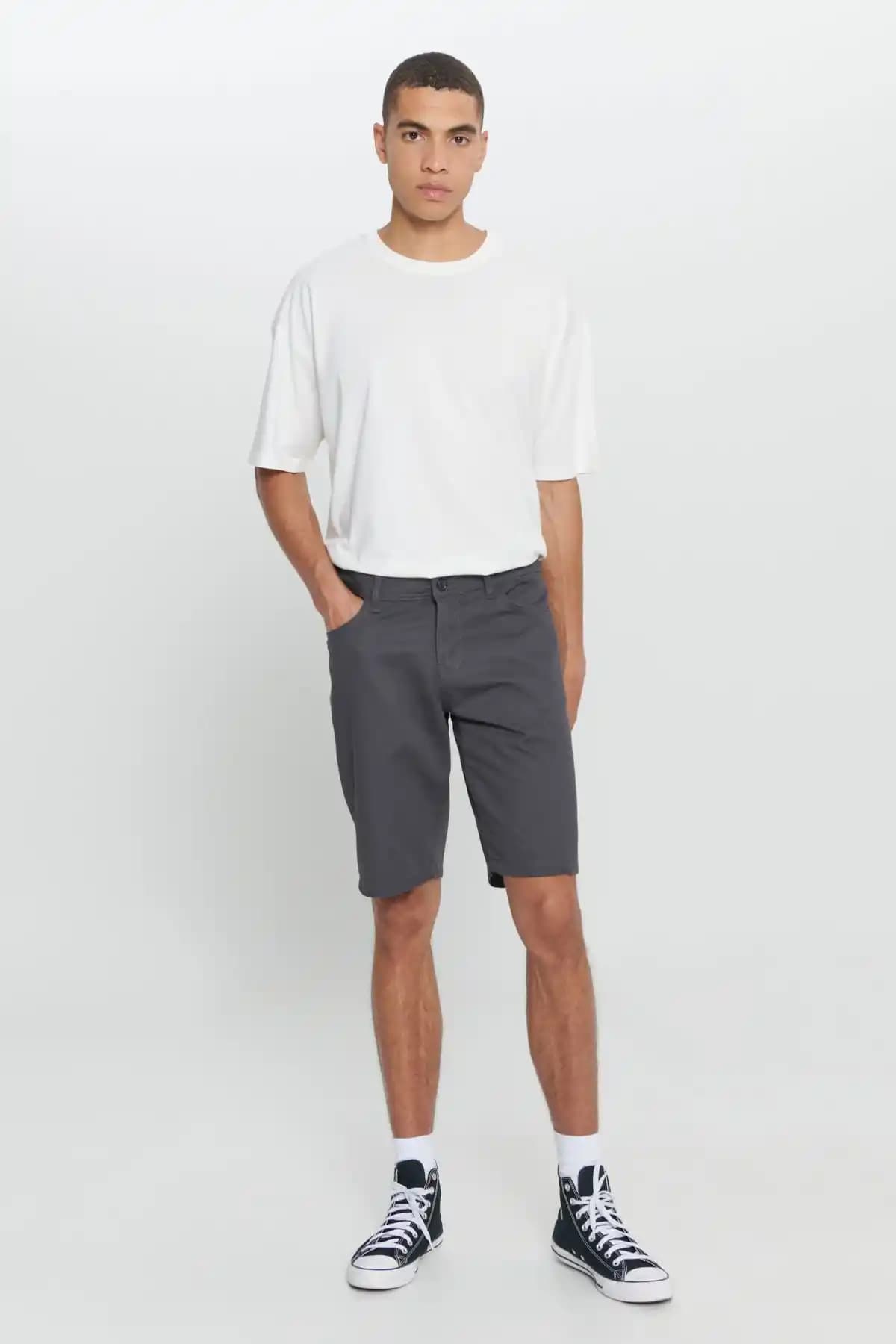 Erkek Slim Fit Antrasit Pamuklu Armürlü Chino Şort Günlük ve Yazlık Kullanım İçin