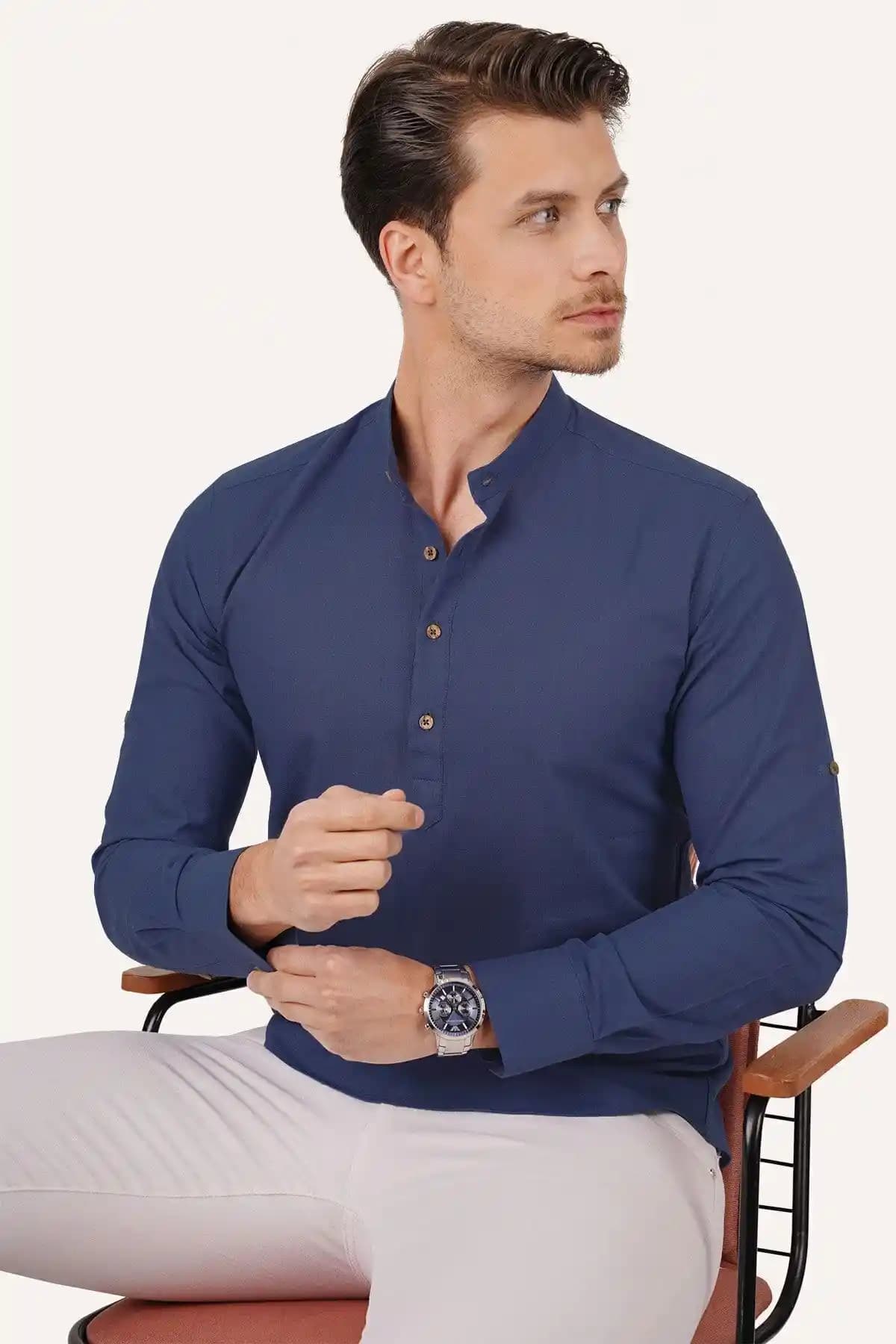 Etikmen Indigo Hakim Yaka Üç Düğmeli Slimfit Keten Gömlek - Modern ve Şık Erkek Giyim Ürünü