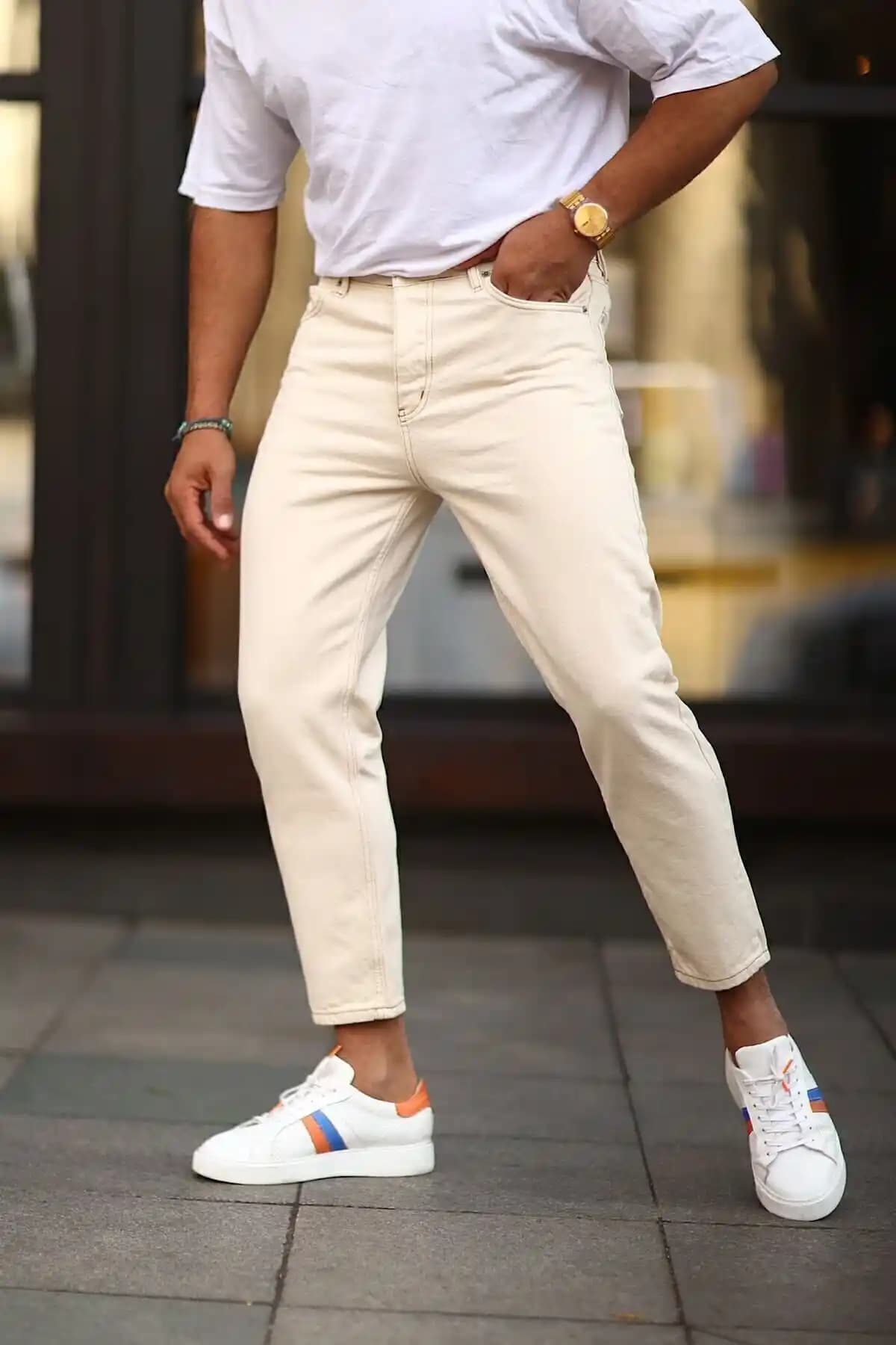 Genel Markalar Boyfriend Pantolon Krem Renk Geniş Kalıp Modern ve Rahat Tasarım