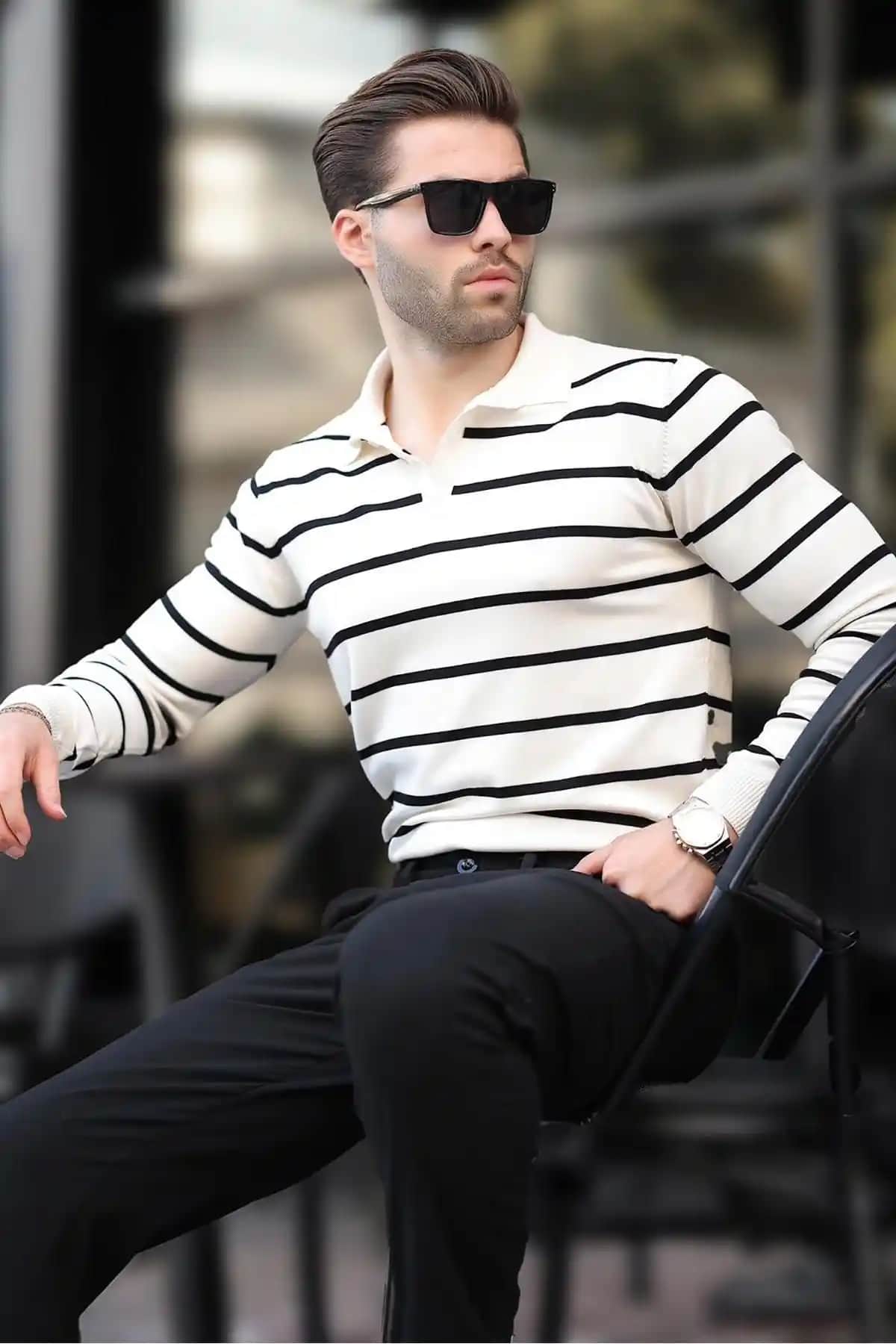 Madmext Beyaz Düğmeli Polo Yaka Çizgili Uzun Kollu Kazak Günlük Şıklık ve Konfor İçin